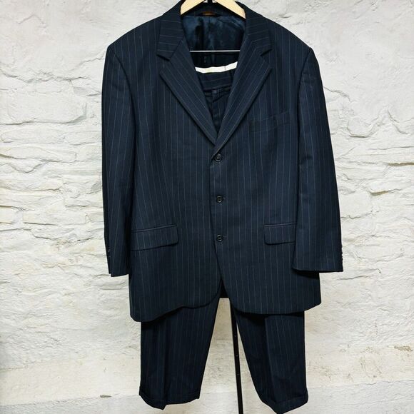 Brooks Brothers Brooksease 44R Wool Two Piece Suit Navy Pin Stripe 34x30 Vintage - Picture 1 of 16